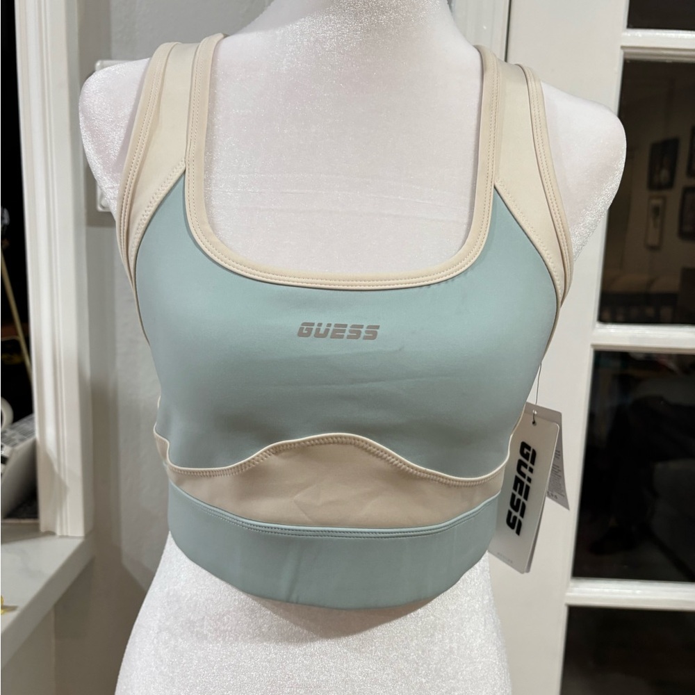 GUESS Two-Tone Pale Blue and Cream Padded Sports Bra